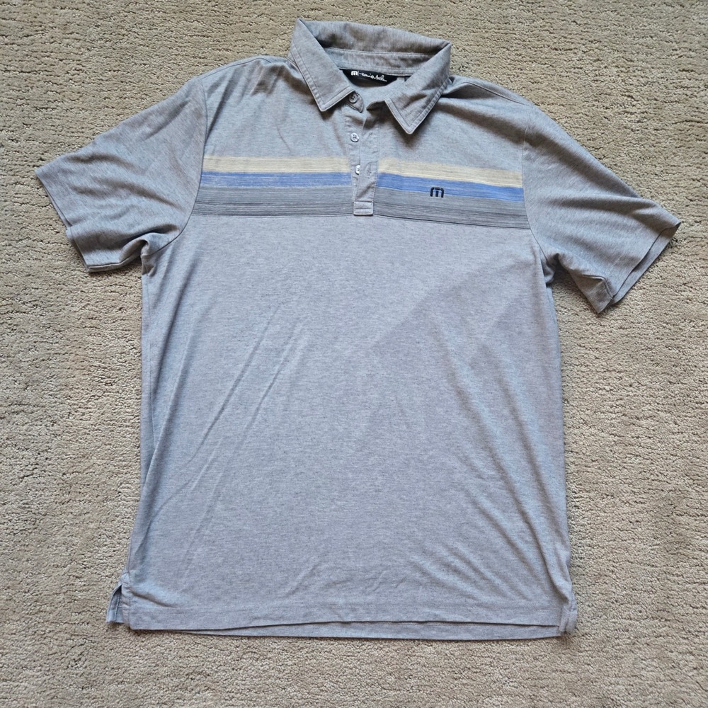TravisMathew Mens Large Gray Chest Stripe Short Sleeve Golf Polo Shirt